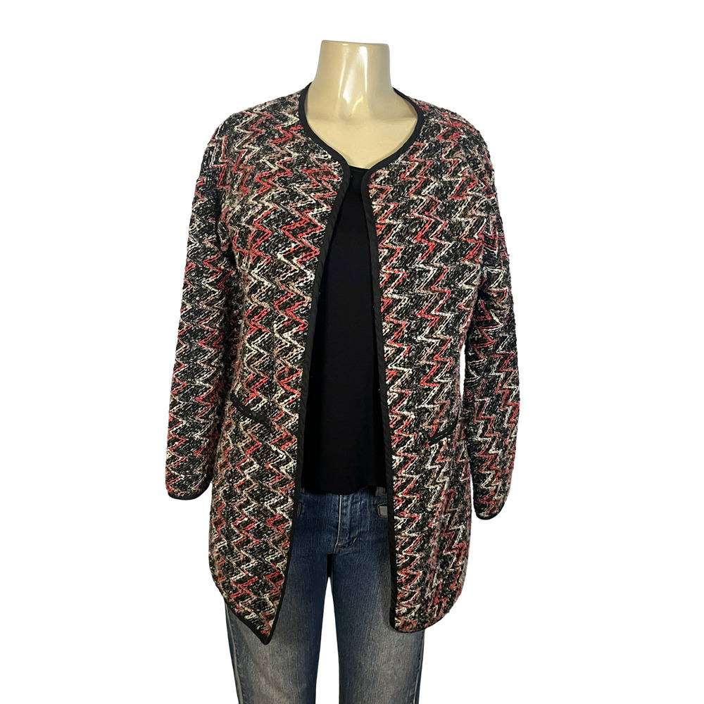 Sanctuary Coatigan Womens Medium Black Zigzag Tweed Collarless Jacket Hook Eye